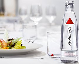 Apollinaris mineral water and a plate of gourmet food