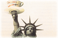 The Statue of Liberty holds up a cup of Jacobs German coffee